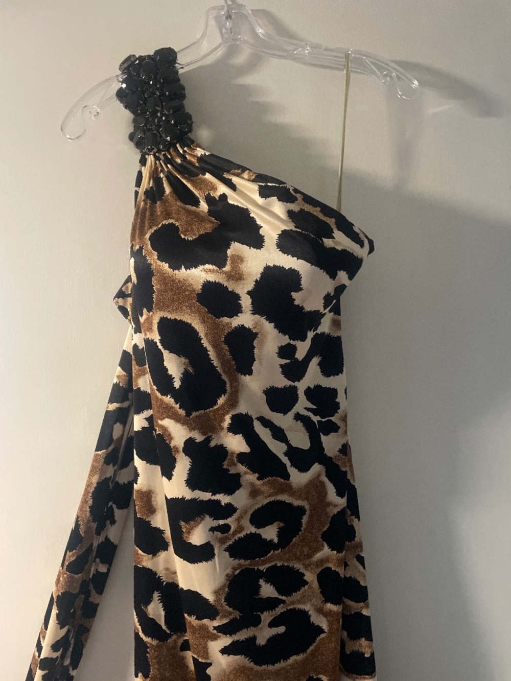 Glamorous Leopard Print One Shoulder High-Low Evening Dress with Beaded Shoulder